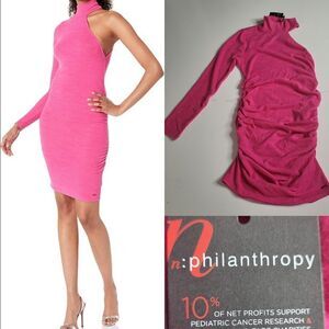 NEW REVOLVE NPHILANTHROPY STRETCH PINK ONE SLEEVE RUCHED MINI DRESS L LARGE NWT